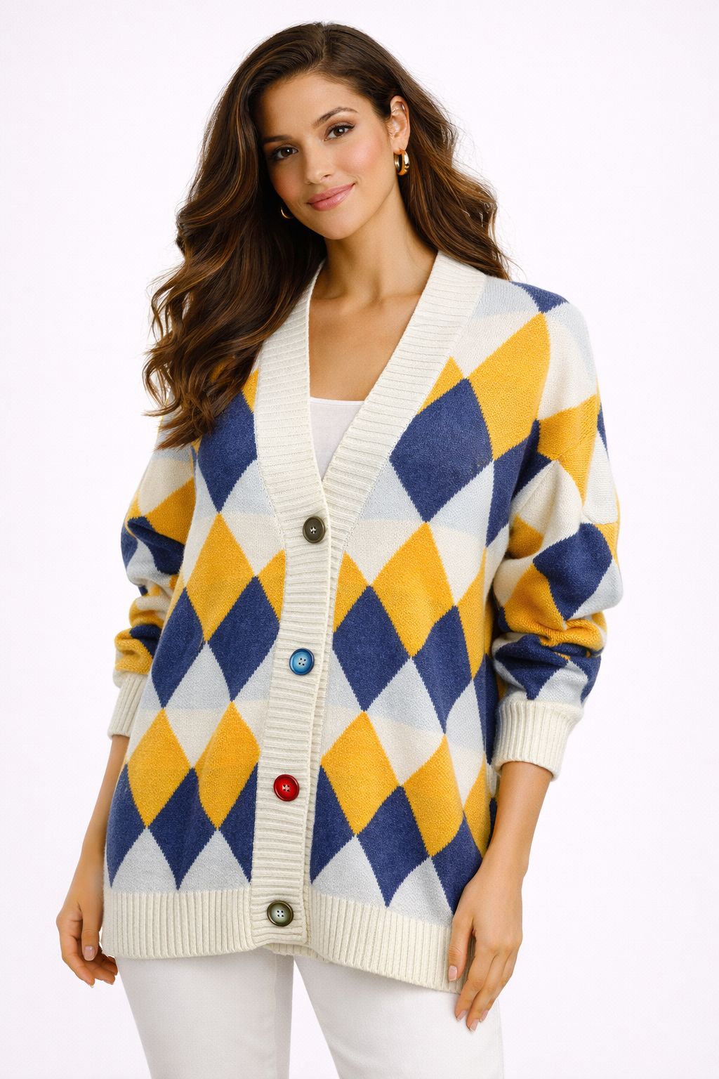 “Elite Diamond Luxe Cardigan – Statement Knit Edition”