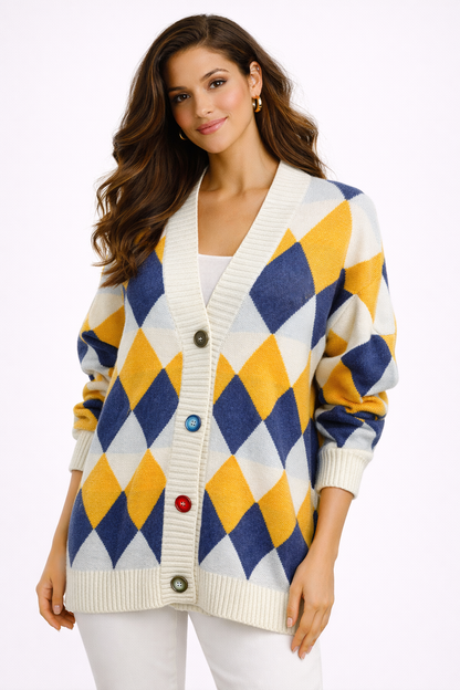 “Elite Diamond Luxe Cardigan – Statement Knit Edition”