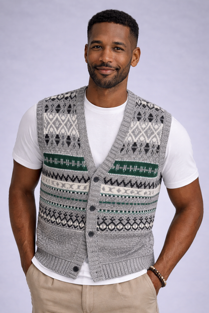 Carriage Court Fair Isle Knit Sweater Vest – Grey Multi Pattern