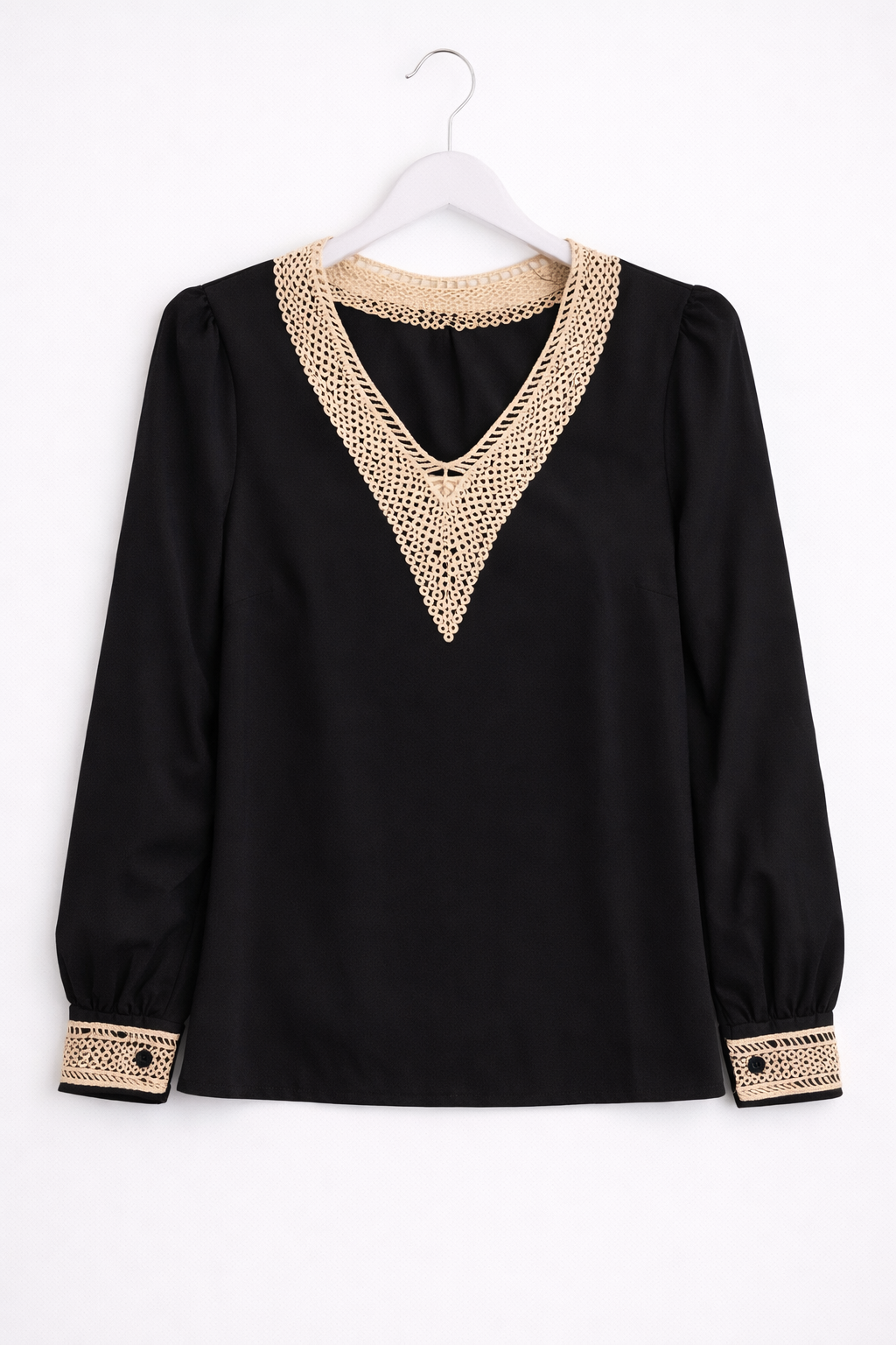 Elegant chiffon blouse featuring a handcrafted crochet