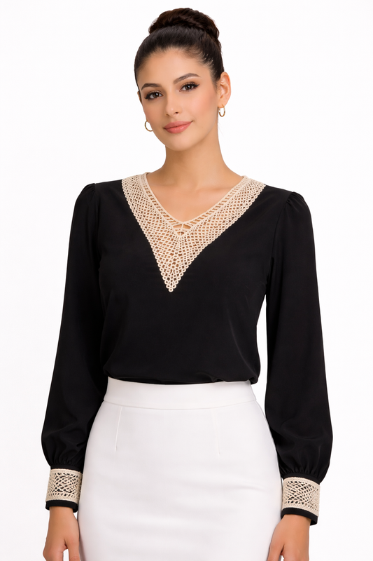 Elegant chiffon blouse featuring a handcrafted crochet