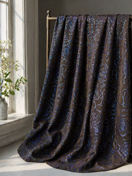 Luxury 4-Way Stretch Floral Fabric – Glossy Blue on Dark Base | 64” Wide | 2Y 7”