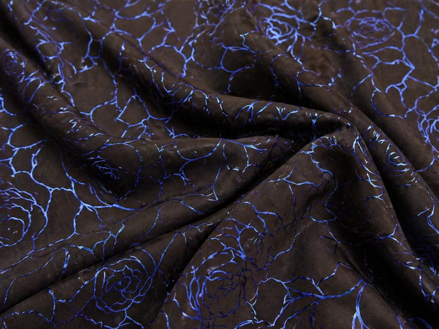 Luxury 4-Way Stretch Floral Fabric – Glossy Blue on Dark Base | 64” Wide | 2Y 7”