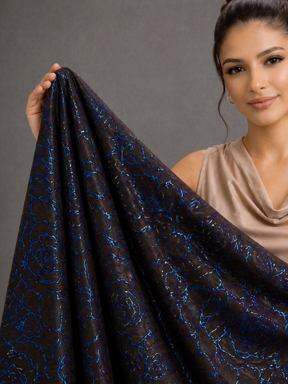Luxury 4-Way Stretch Floral Fabric – Glossy Blue on Dark Base | 64” Wide | 2Y 7”