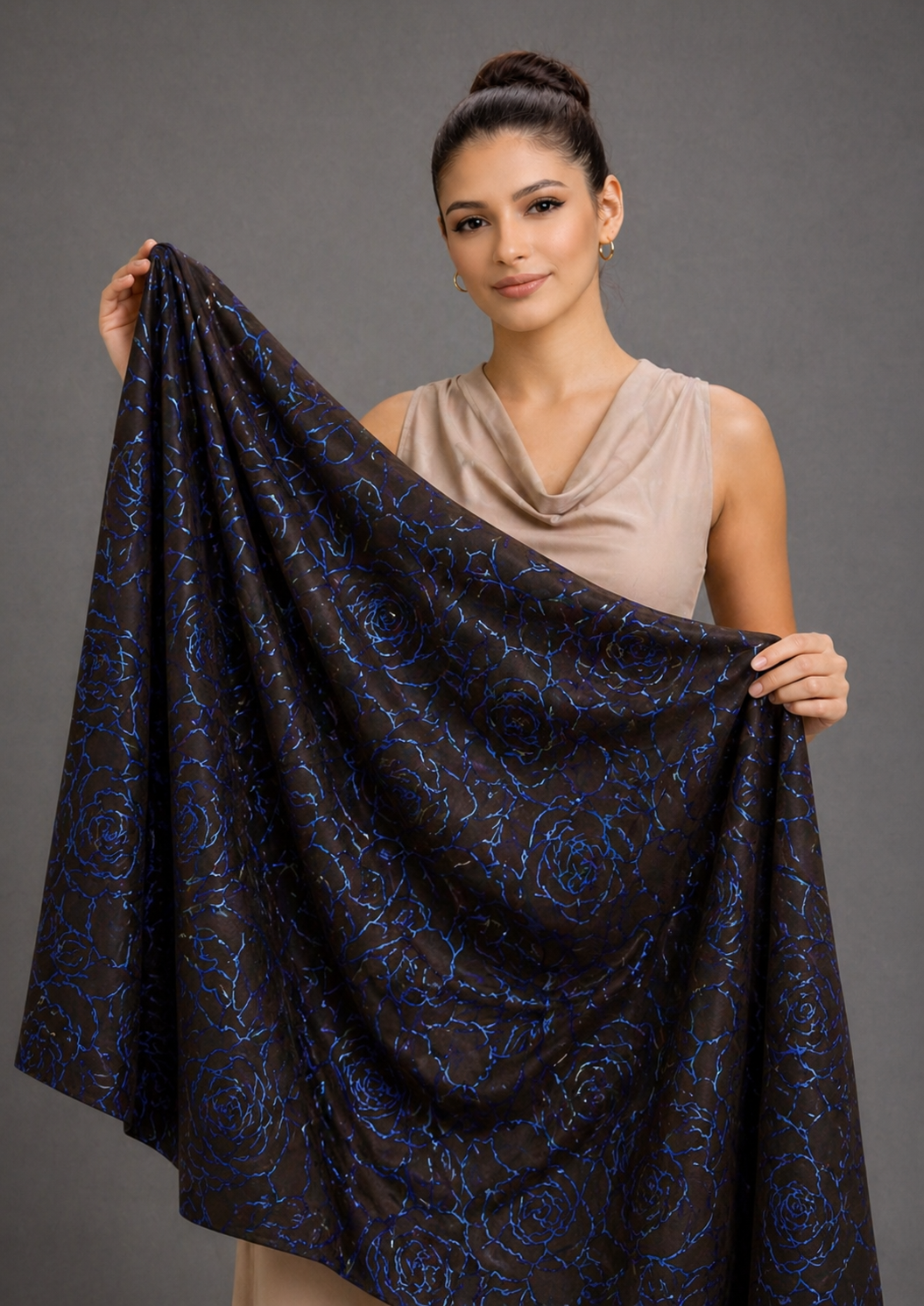 Luxury 4-Way Stretch Floral Fabric – Glossy Blue on Dark Base | 64” Wide | 2Y 7”