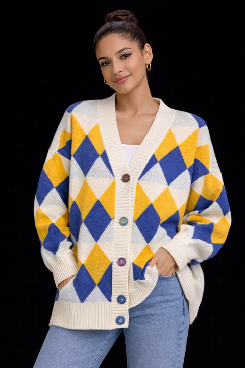 “Elite Diamond Luxe Cardigan – Statement Knit Edition”