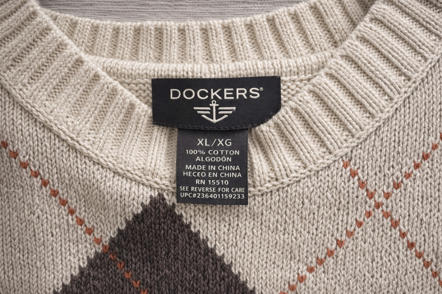 Dockers Argyle Sweater XL Cream Cotton Knit Men’s Classic Fit Chest 51” Luxury Casual Pullover