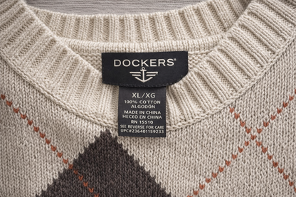 Dockers Argyle Sweater XL Cream Cotton Knit Men’s Classic Fit Chest 51” Luxury Casual Pullover