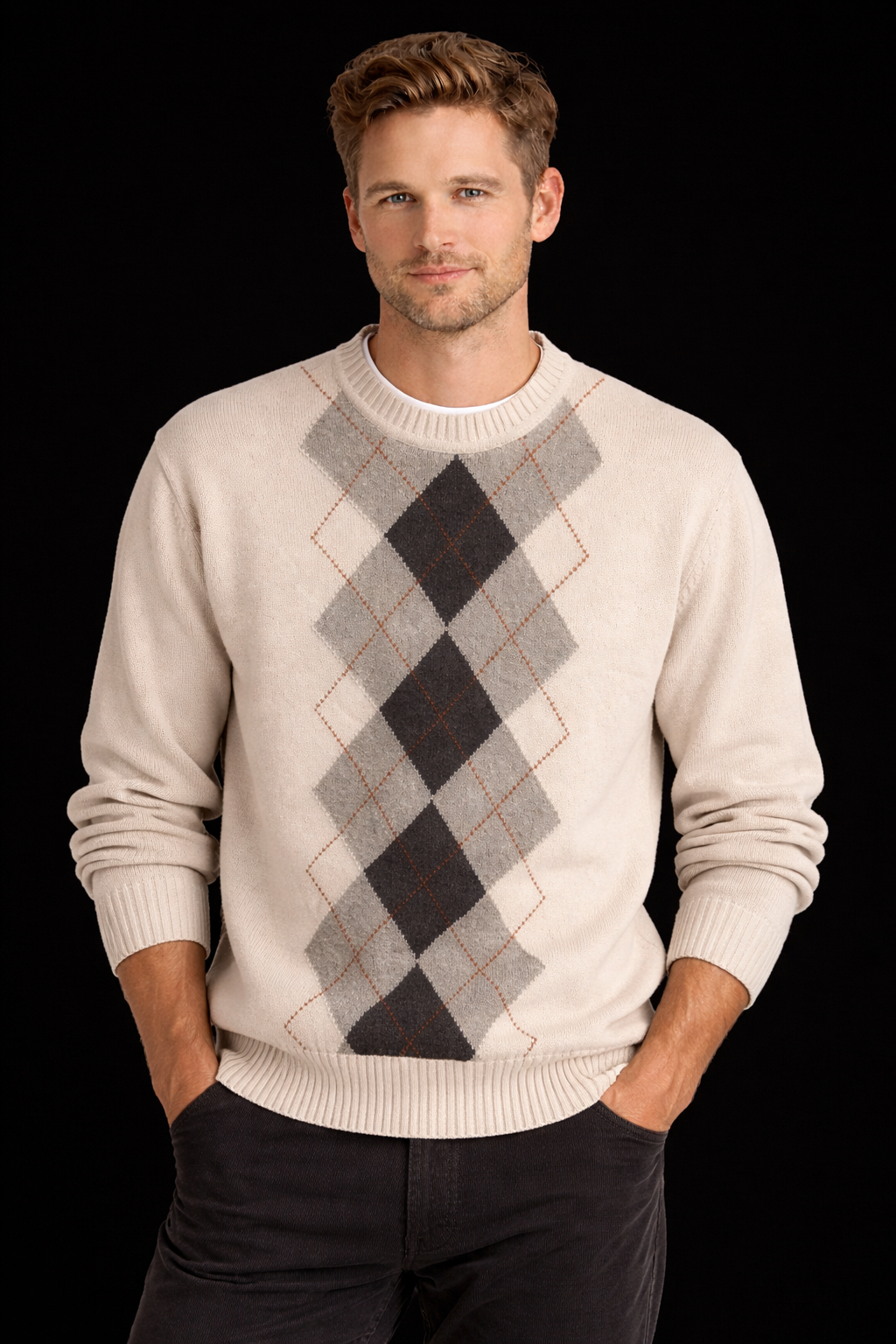 Dockers Argyle Sweater XL Cream Cotton Knit Men’s Classic Fit Chest 51” Luxury Casual Pullover