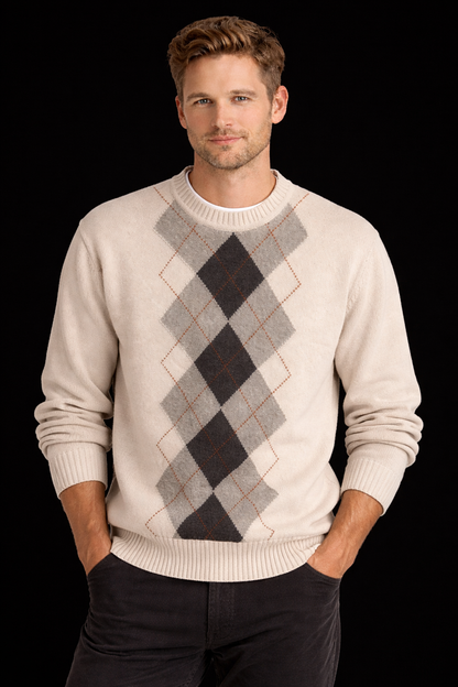 Dockers Argyle Sweater XL Cream Cotton Knit Men’s Classic Fit Chest 51” Luxury Casual Pullover