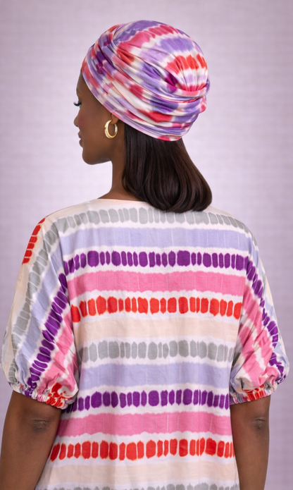 Women African Kaftan Maxi Dress w/ Headwrap-Elastic Sleeve Bubu
