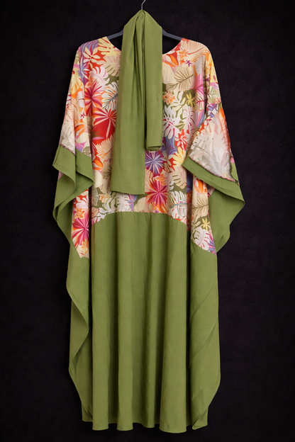 Women Floral Kaftan Maxi Dress-Olive Green Bubu Gown -Plus Size