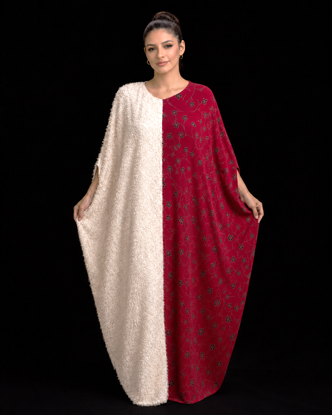 Premium Two-Tone Boubou Dress – White Fluffy Texture & Wine Floral Loose-Fit Kaftan