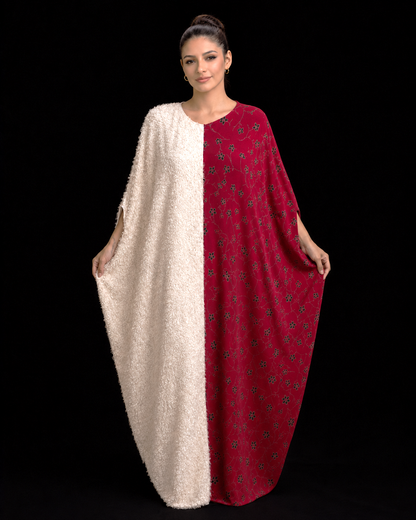 Premium Two-Tone Boubou Dress – White Fluffy Texture & Wine Floral Loose-Fit Kaftan