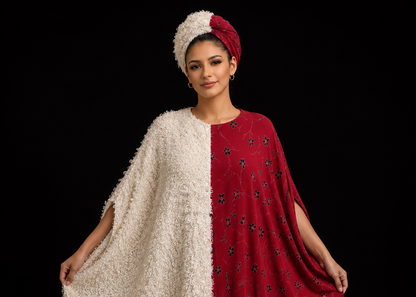 Premium Two-Tone Boubou Dress – White Fluffy Texture & Wine Floral Loose-Fit Kaftan
