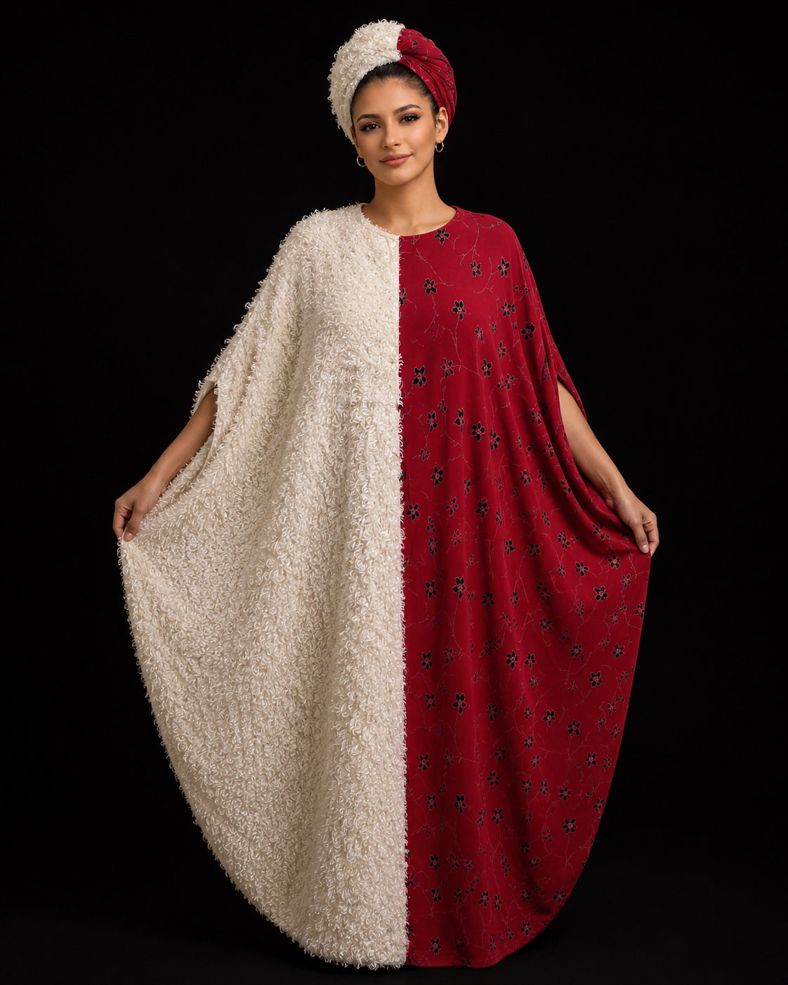 Premium Two-Tone Boubou Dress – White Fluffy Texture & Wine Floral Loose-Fit Kaftan