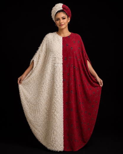 Premium Two-Tone Boubou Dress – White Fluffy Texture & Wine Floral Loose-Fit Kaftan