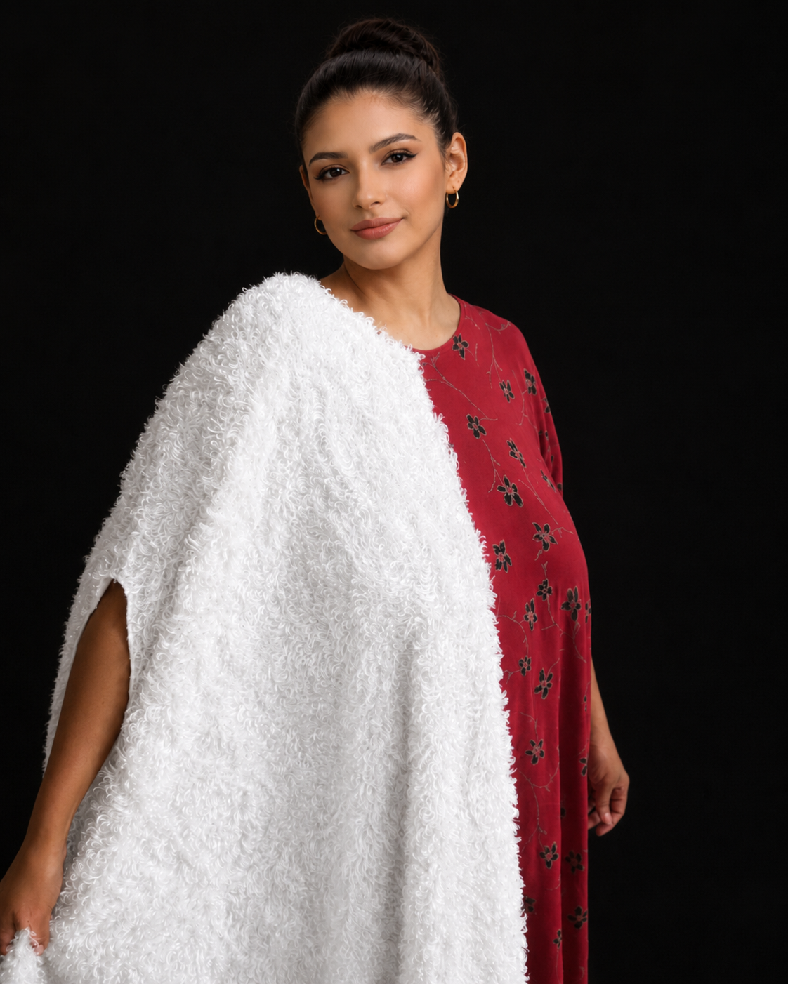 Premium Two-Tone Boubou Dress – White Fluffy Texture & Wine Floral Loose-Fit Kaftan