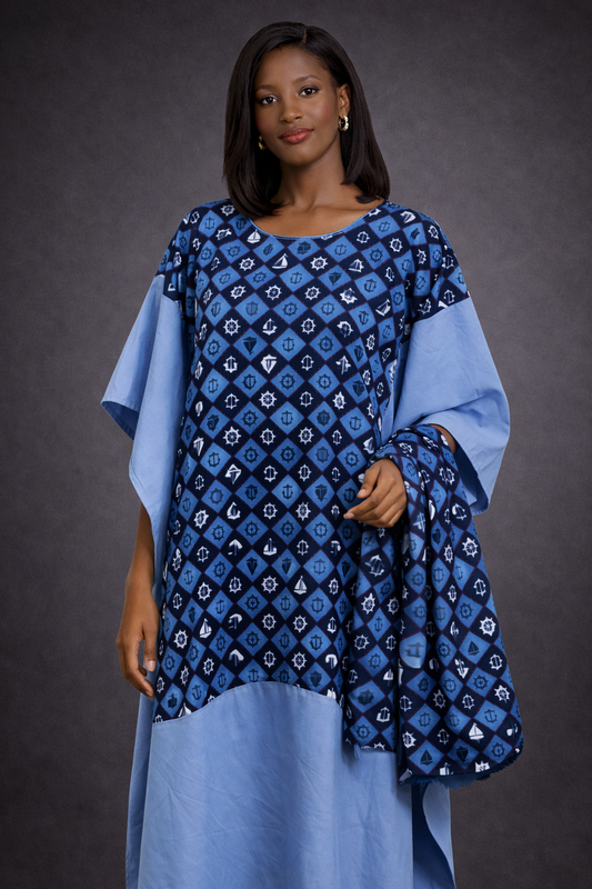 Women’s Blue African Kaftan Midi Dress Diamond Print Loose Fit
