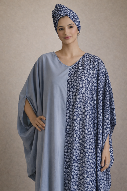 Navy Blue African Print Kaftan-Maxi Dress-Modest Bubu Set.