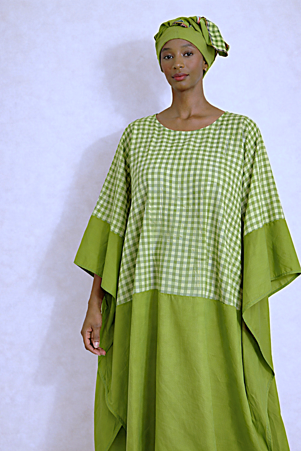 Women Lime Green Checkered Boubou Kaftan Maxi Dress Set