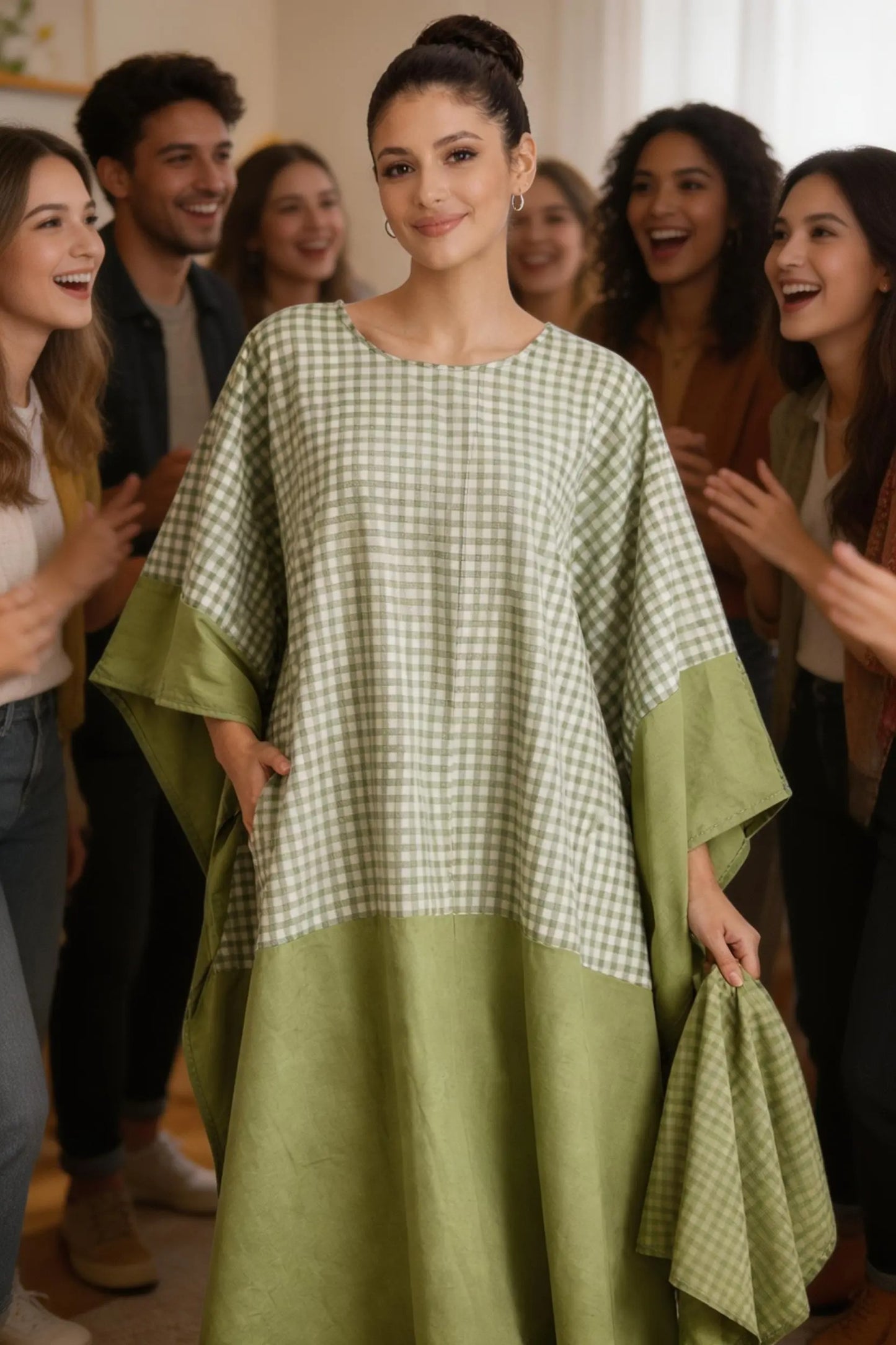 Women Lime Green Checkered Boubou Kaftan Maxi Dress Set