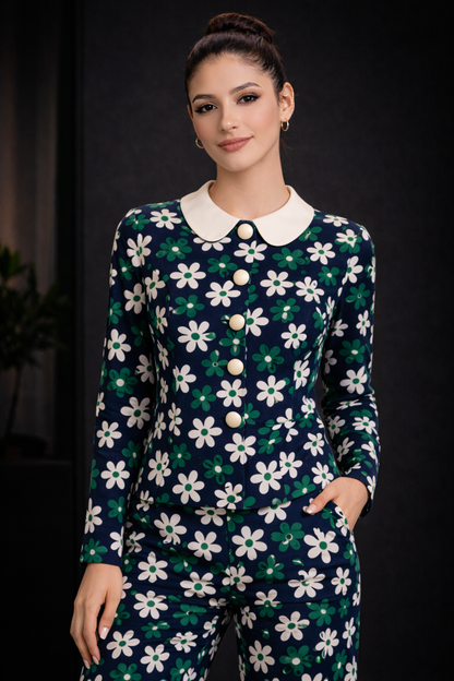Premium Vintage Floral Cotton Fabric – Navy & Green Daisy Print | 60” Width | Soft Breathable Cotton Textile