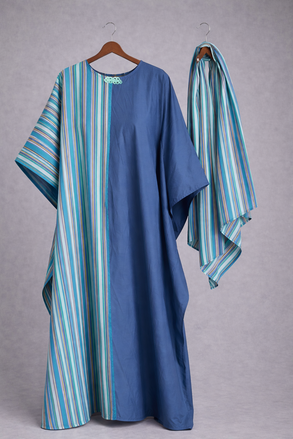 WOMEN African Kaftan Maxi Dress-Blue Stripe Bubu & Headwrap Set-Loose Modest Gown