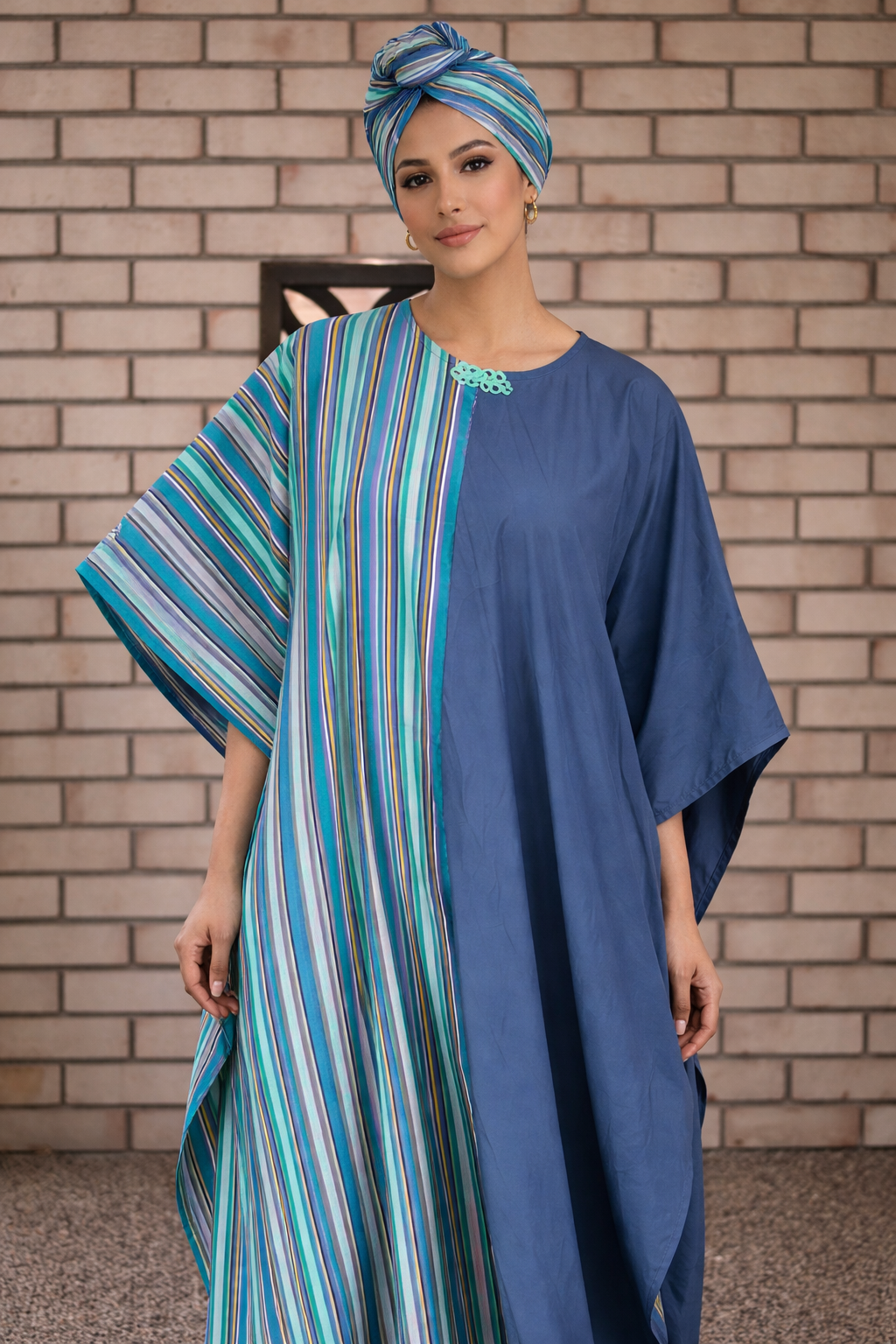 WOMEN African Kaftan Maxi Dress-Blue Stripe Bubu & Headwrap Set-Loose Modest Gown