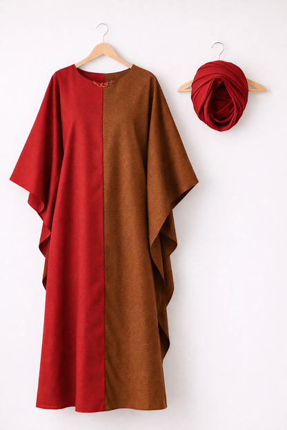 Women Red Brown Colorblock Kaftan Maxi Dress African Boubou w Scarf