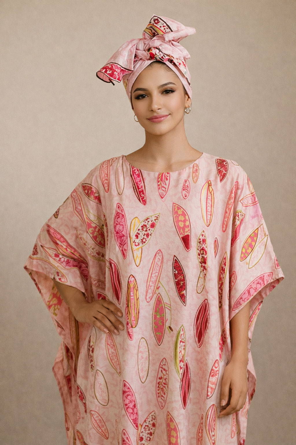 Women Pink African Kaftan Maxi Dress Loose Fit Bubu With Headwrap