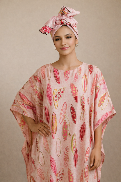 Women Pink African Kaftan Maxi Dress Loose Fit Bubu With Headwrap