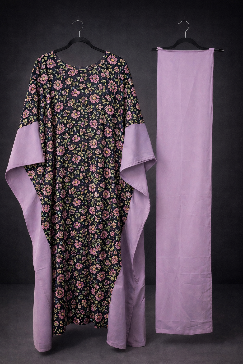 Women Floral Kaftan Maxi Dress- Lavender/Purple Trim Modest Bubu- Scarf Set Plus