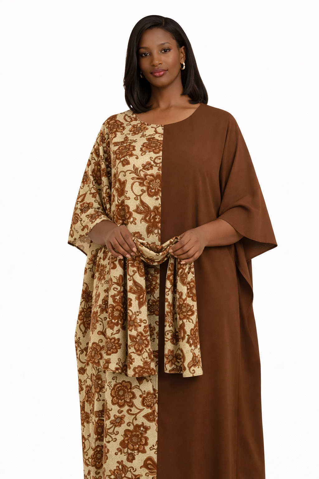 Brown African Kaftan Maxi Dress Floral Print Loose Bubu With Scarf
