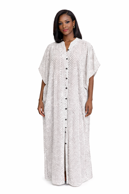 Polka Dot Kaftan Maxi Dress Button Front V-Neck Loose Fit One Size OFF-White