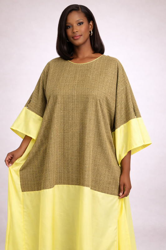 Women Brown Checkered Kaftan Maxi Dress Modest Loose Fit Plus Size