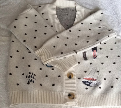Women’s Cute Polka Dot Knit Cardigan Sweater – Embroidered Novelty Design