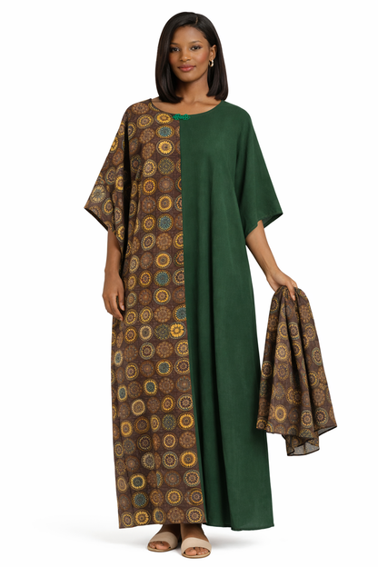 Women African Boubou Kaftan-Army Green Brown Maxi Dress Set
