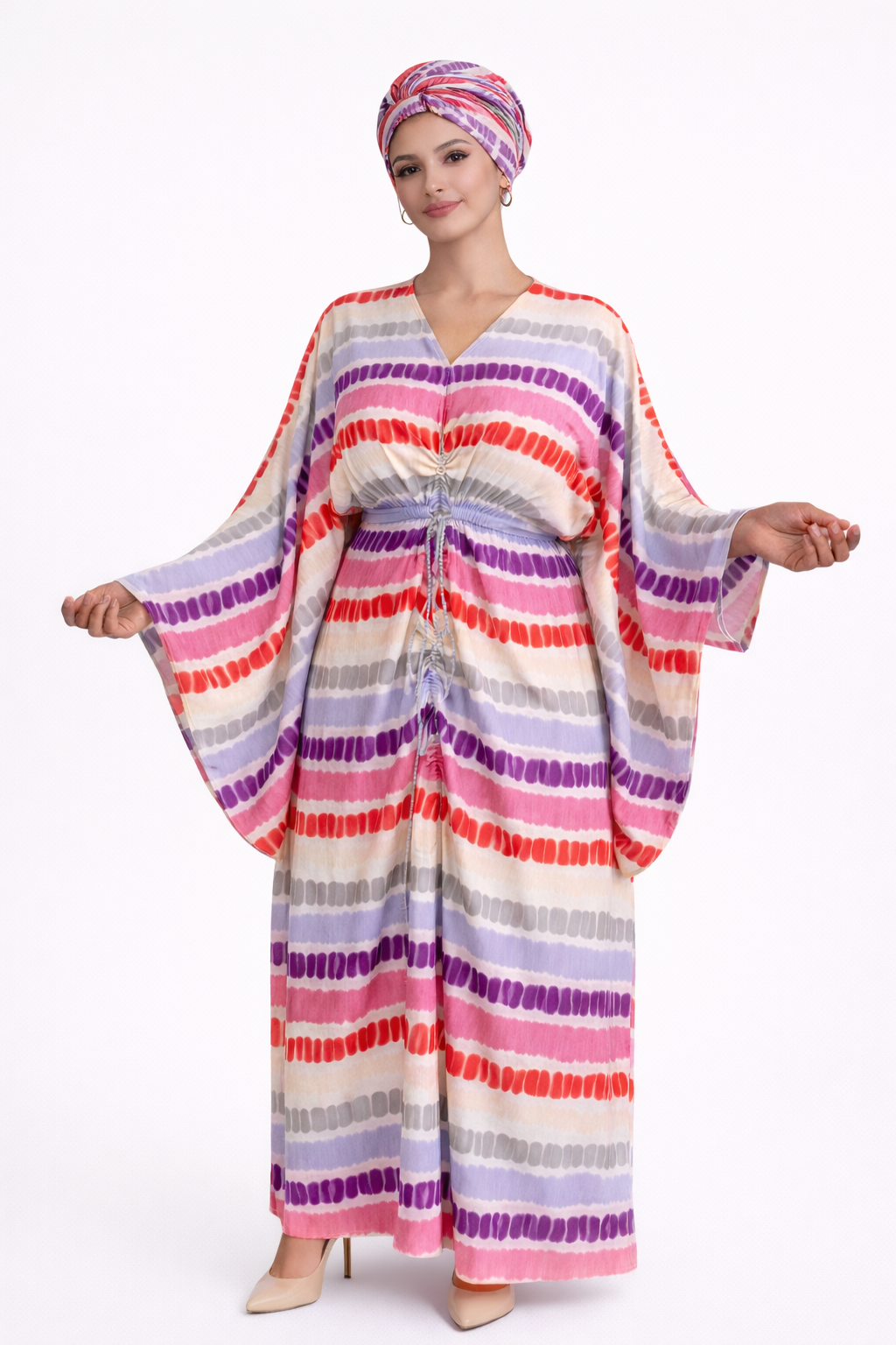 Women African Boubou Kaftan Maxi Dress Set w/ Headscarf-Drawstring(Ruched Boubou Style)