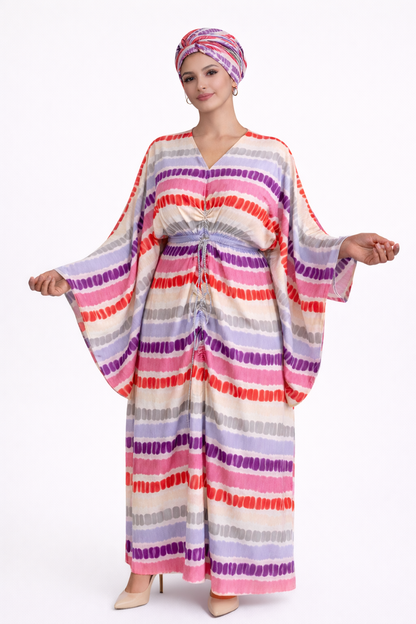 Women African Boubou Kaftan Maxi Dress Set w/ Headscarf-Drawstring(Ruched Boubou Style)
