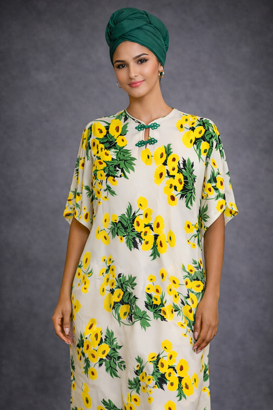 Yellow Floral Kaftan Maxi Dress ‘with Green Scarf’ Modest Boho for Women