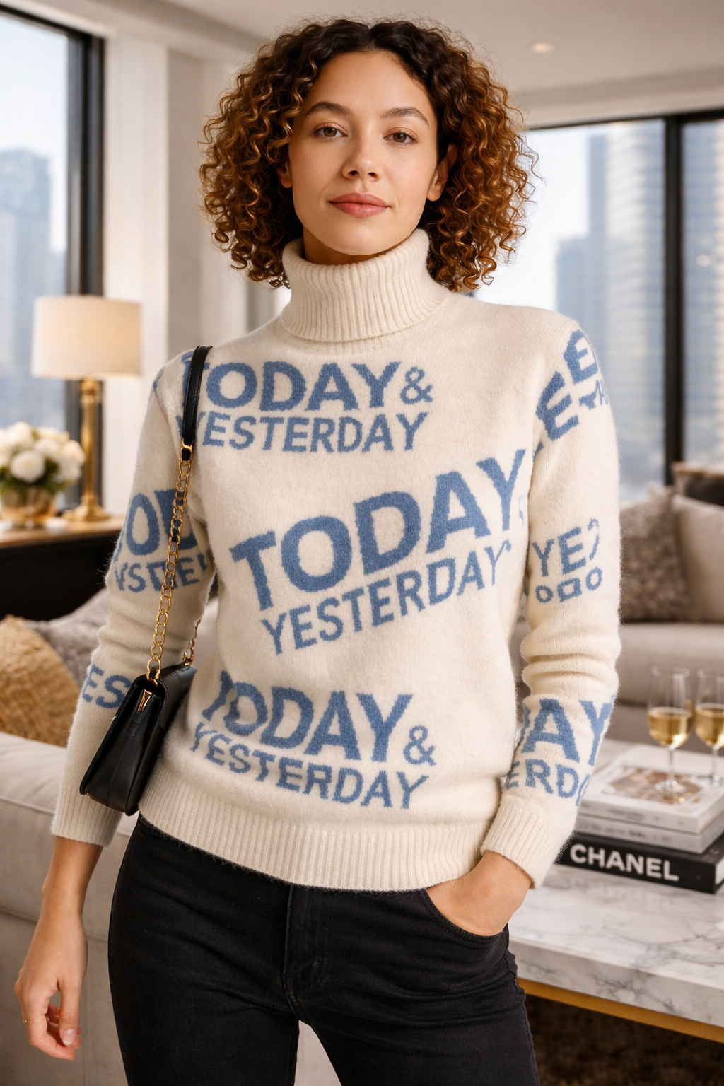 “Today & Yesterday” Signature Turtleneck – Statement Graphic Knit