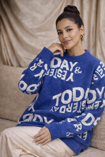 Graphic Statement Sweater – “Today & Yesterday” Oversized Knit Top