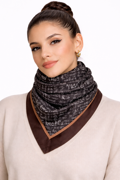 Monochrome Script Luxe Viscose Scarf – Black & Chocolate Edge Print