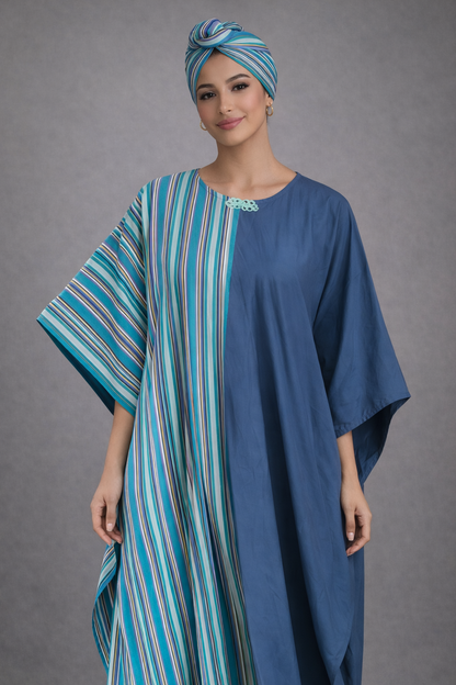 WOMEN African Kaftan Maxi Dress-Blue Stripe Bubu & Headwrap Set-Loose Modest Gown