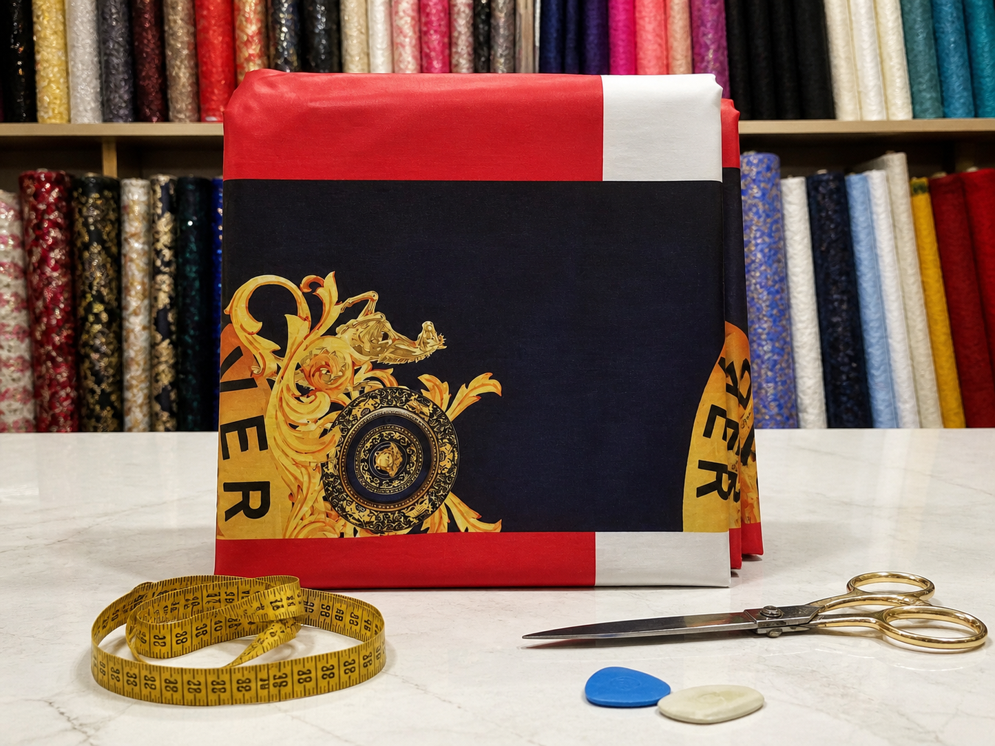 Luxury Baroque Stretch Fabric – Bold Red, Navy & Gold Ornate Print (4-Way Stretch, Premium Quality)