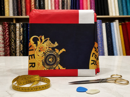 Luxury Baroque Stretch Fabric – Bold Red, Navy & Gold Ornate Print (4-Way Stretch, Premium Quality)