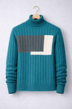 Turquoise Blue Color-Block Ribbed Turtleneck Sweater