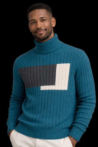 Turquoise Blue Color-Block Ribbed Turtleneck Sweater