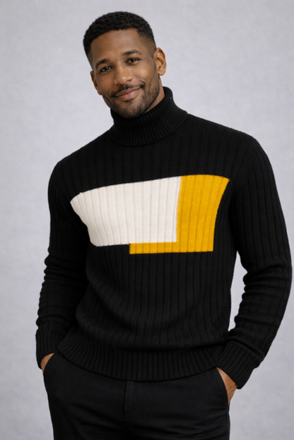Black Color-Block Ribbed Turtleneck Sweater